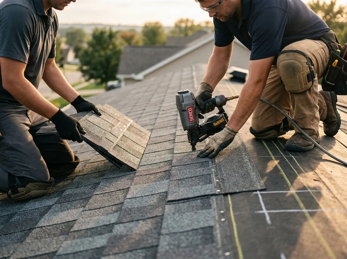 Professional roofer working on a residential roof in Lawndale